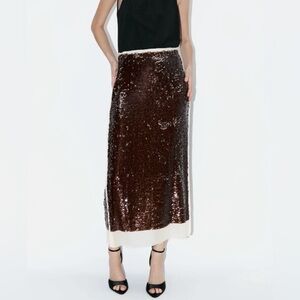 ⭕️SOLD⭕️ ZARA ZW COLLECTION SEQUINNED CHIFFON SKIRT BROWN | SIZE XS